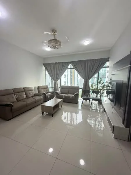Living features: 3-seater fabric sofa in beige, 2-seater fabric sofa in beige, coffee table, wall-mounted TV, TV console, floor-to-ceiling windows, sheer curtains, recessed downlights, ceiling fan with light, decorative plant in pot, glossy tile flooring, neutral painted walls; style: modern; view: city.