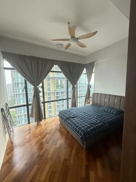Bedroom features: king-size bed, upholstered headboard, grey bedding, wooden flooring, 5-blade ceiling fan, floor-to-ceiling windows, curtains in grey, decorative wall art, city view; style: modern; view: city.
