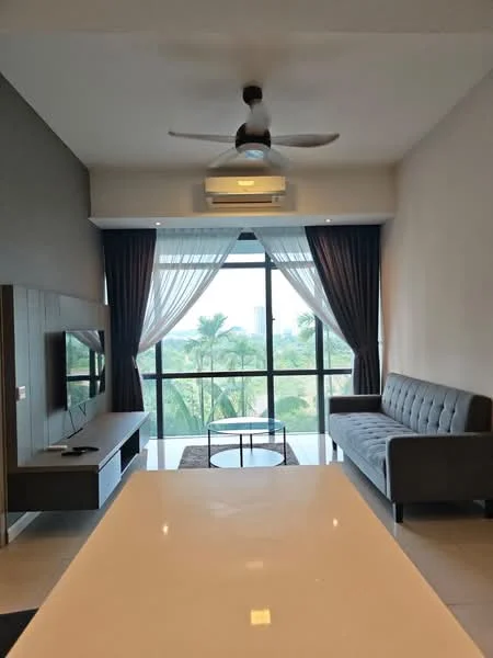 Living features: 3-seater fabric sofa in grey, coffee table, wall-mounted TV, TV console, floor-to-ceiling windows, sheer curtains, blackout curtains, 5-blade ceiling fan with light, wall-mounted split AC, area rug with geometric pattern, decorative mirror; style: modern; view: garden.
