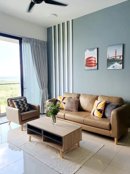 Living features: 3-seater leather sofa in brown, 2-seater fabric armchair in beige, coffee table with wooden legs and storage, area rug with neutral color, floor-to-ceiling windows, sheer curtains, decorative cushions with geometric patterns, wall-mounted artwork, accent wall with vertical stripes in blue and white, recessed ceiling lights, ceiling fan; style: modern; view: garden.