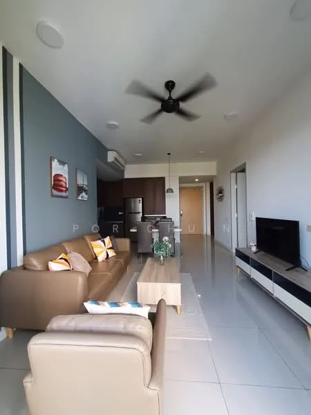 Living features: 3-seater leather sofa in brown, 2-seater leather sofa in brown, coffee table, wall-mounted TV, TV console, area rug, 5-blade ceiling fan with light, recessed downlights, grey accent wall, white painted walls, sliding glass door, floor-to-ceiling windows; style: modern.