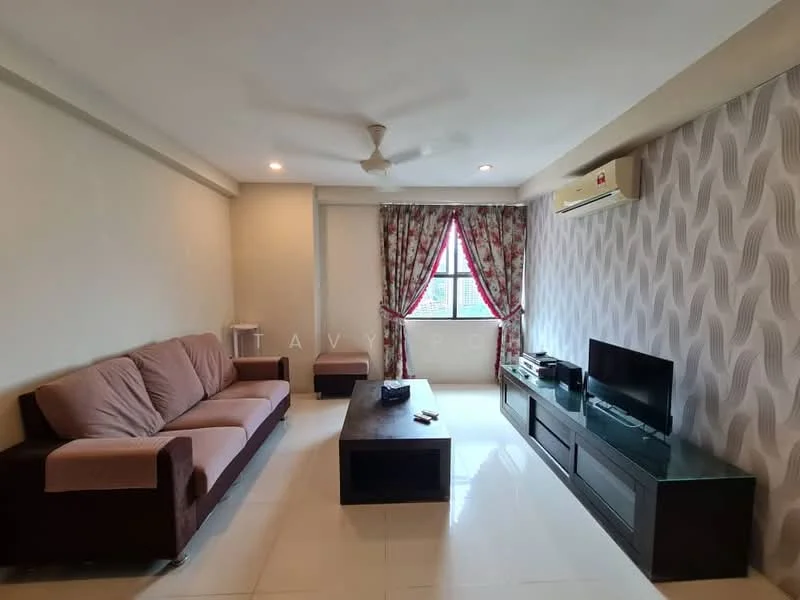 Living features: 3-seater fabric sofa in light pink, wooden coffee table, TV console, wall-mounted TV, floor-to-ceiling window, curtains with floral pattern, white painted walls, glossy tile flooring, ceiling fan, air conditioning unit; style: modern.
