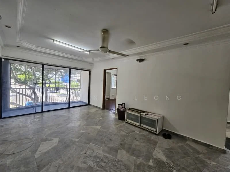 Living features: marble flooring, white painted walls, tray ceiling, 5-blade ceiling fan, floor-to-ceiling windows, sliding glass door, natural light from windows, door leading to outside.