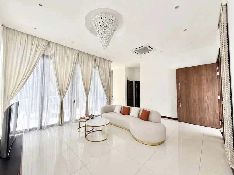 Living features: white walls, glossy white tile flooring, chandelier with crystals, floor-to-ceiling windows, sheer curtains, sofa with curved design in light color, orange accent cushions, wall-mounted TV, air conditioning unit, decorative wall panel, coffee table with gold base; style: modern.