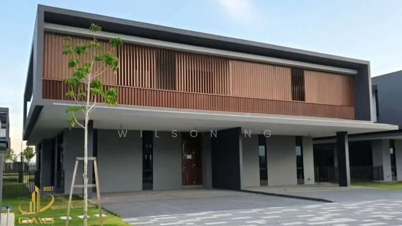 Exterior type: detached bungalow; features: grey painted facade, wooden slatted balcony, flat roof, approximately 2-storey, manicured lawn, paved walkway, large windows, double-door main entrance; style: modern.