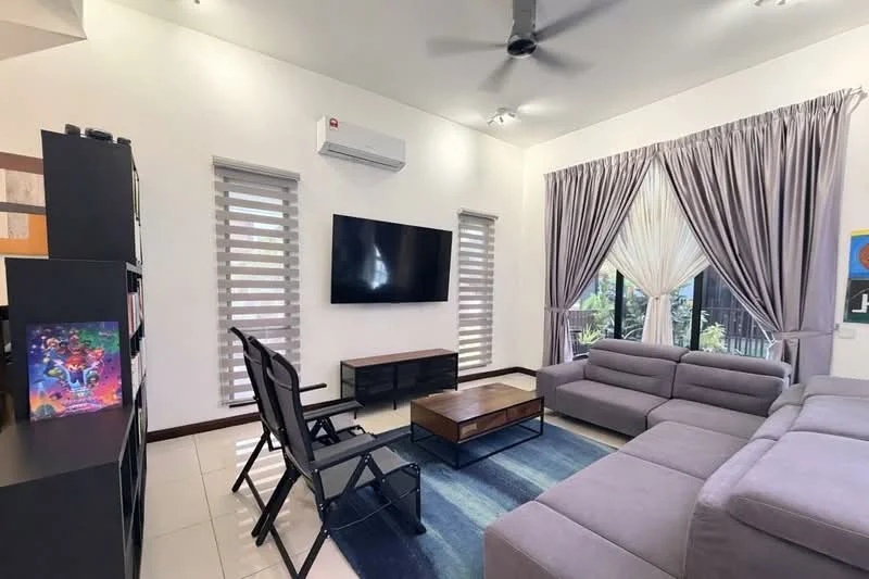 Living features: grey fabric sectional sofa, 2-seater fabric sofa, wood coffee table, black TV console, wall-mounted flat-screen TV, 1 wall-mounted split AC, 5-blade ceiling fan, recessed downlights, floor-to-ceiling windows, sheer curtains, roller blinds, decorative wall art, area rug with geometric pattern, dark wood shelving unit; style: modern; view: garden.