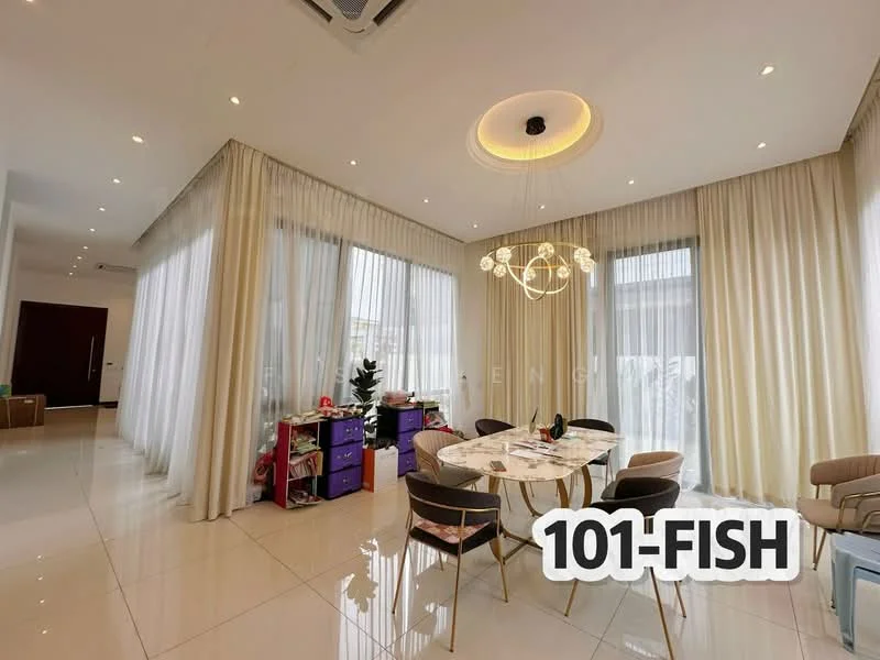 Dining features: round dining table, upholstered dining chairs, chandelier with multiple bulbs, floor-to-ceiling windows, sheer curtains, white painted walls, polished tile flooring, recessed ceiling lights, decorative ceiling rose; style: modern.