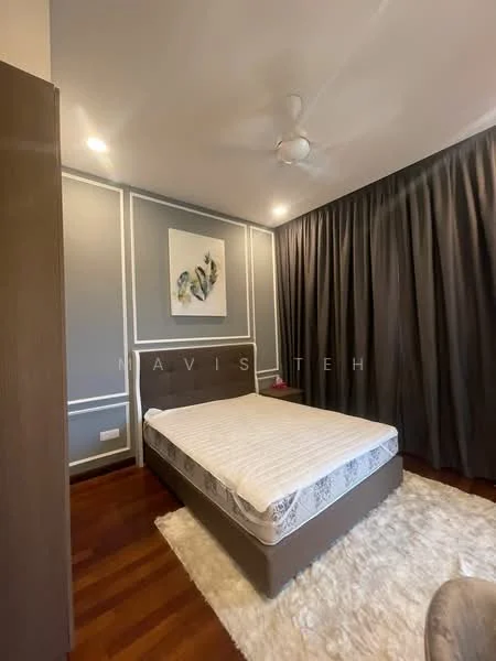Bedroom features: queen-size bed, upholstered headboard, wooden flooring, grey painted walls, white ceiling with recessed lighting, 5-blade ceiling fan, floor-to-ceiling curtains, decorative wall art, area rug with fluffy texture; style: modern.