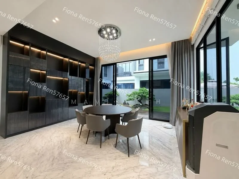 Dining features: round dining table, upholstered dining chairs, chandelier, floor-to-ceiling windows, marble flooring, decorative wall with built-in shelves, grey accent wall, natural light, view of garden, sliding glass door; style: modern; view: garden.
