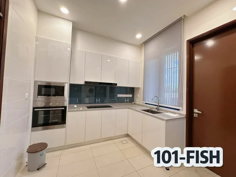 Kitchen features: white flat-panel cabinets, stainless-steel built-in oven, stainless-steel microwave, black glass cooktop, single-bowl stainless-steel sink, chrome pull-down faucet, grey quartz countertop, white tiled backsplash, tile flooring, window with sheer blinds, recessed downlights; style: modern.