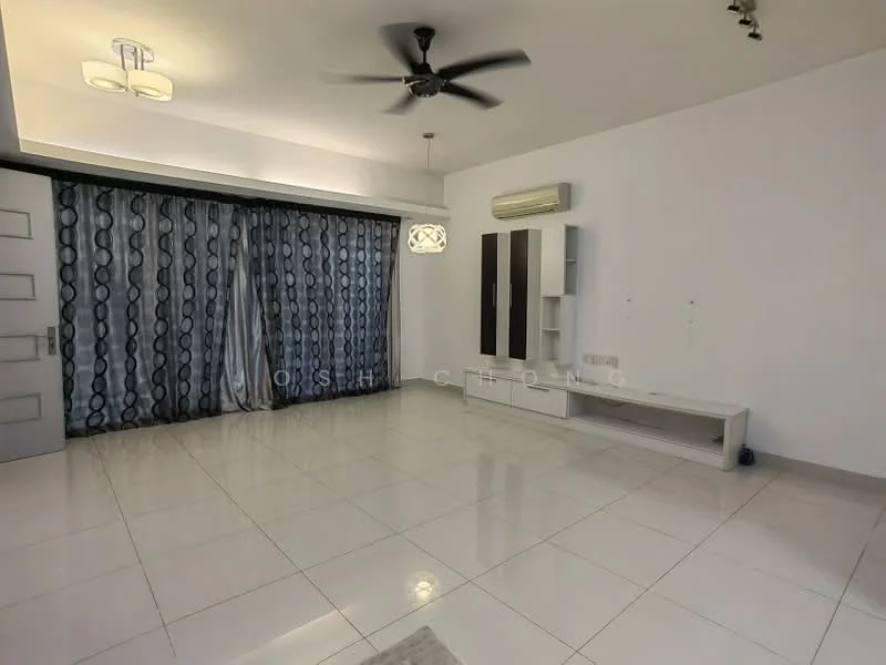 Living features: white painted walls, glossy white tile flooring, 5-blade ceiling fan, recessed downlights, large floor-to-ceiling windows with sheer curtains, wall-mounted TV console, floating TV cabinet, air conditioning unit, decorative pendant light; style: modern.