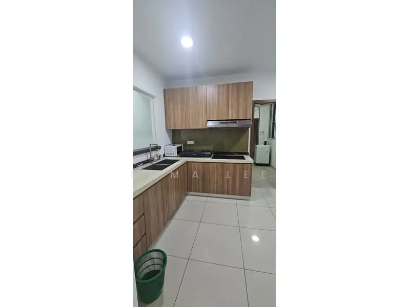 Kitchen features: laminate cabinetry in wood finish, white countertop, single-bowl stainless-steel sink, chrome pull-down faucet, built-in oven, 4-burner gas hob, exhaust hood, ceramic tile flooring, recessed LED downlights, window with sheer curtains; style: modern.