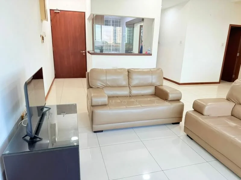 Living features: beige leather sofa, glass coffee table, wall-mounted TV, white painted walls, white tiled flooring, large window with city view, wooden door, mirror on wall, recessed lighting; style: modern; view: city.