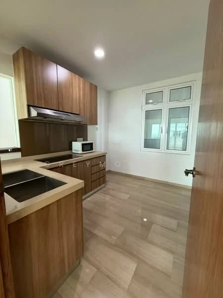 Kitchen features: brown wooden cabinetry, granite countertop, single-bowl stainless-steel sink, chrome pull-down faucet, built-in oven, microwave, ceramic tile flooring, recessed downlights, window with white frames, neutral painted walls; style: modern.