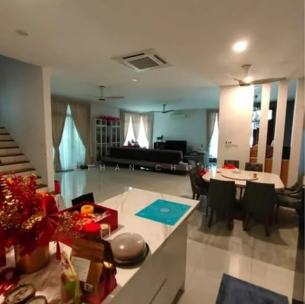 Living features: white painted walls, marble tile flooring, 5-blade ceiling fan, floor-to-ceiling windows with sheer curtains, black leather sofa, TV console, wall-mounted TV, decorative plants, area rug, dining table with upholstered chairs, open layout to kitchen, staircase with wooden steps; style: modern. Kitchen features: white cabinetry, marble countertop, stainless-steel sink, built-in oven, freestanding range oven, microwave, kitchen island, breakfast bar; style: modern.