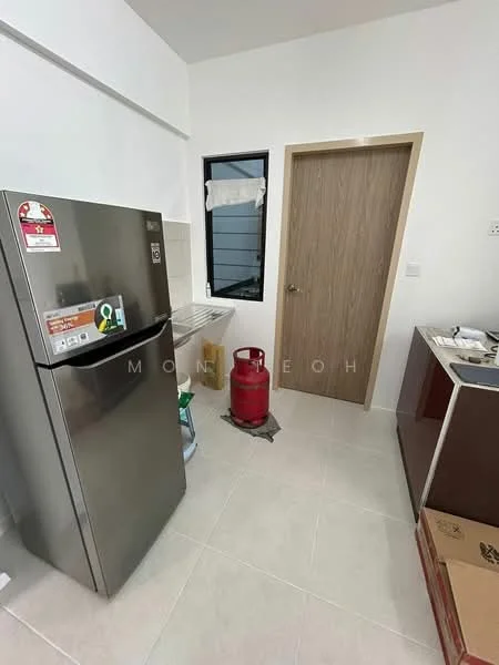 Kitchen features: stainless-steel fridge, single-bowl stainless-steel sink, wooden cabinet, white tiled walls, light-colored tile flooring, door to hallway, gas cylinder, window, countertop; style: modern.