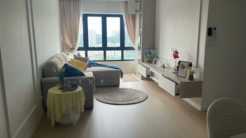 Living features: light grey fabric sofa, yellow throw pillows, round area rug, white wall-mounted TV console, decorative vases on console, framed photographs on console, floor-to-ceiling windows, sheer curtains, wooden flooring, small round side table with yellow tablecloth, decorative houseplants; style: modern; view: city.