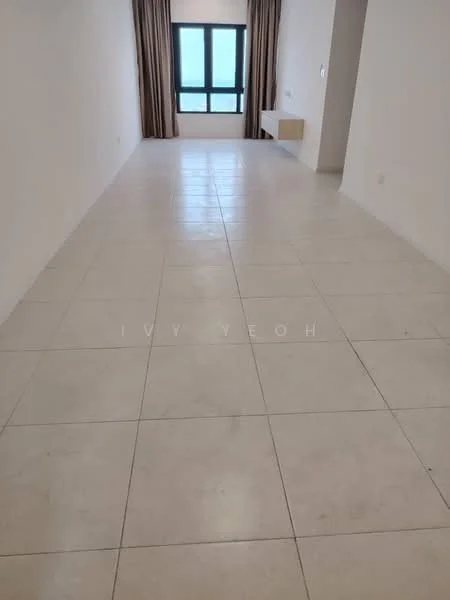 Living features: white painted walls, cream tiled flooring, floor-to-ceiling windows, curtains, built-in wall shelf, neutral color scheme, spacious layout, natural light from windows; style: modern; view: city.