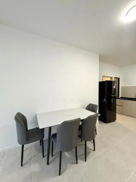 Dining features: white walls, tile flooring, rectangular dining table, 4 upholstered dining chairs in grey, black refrigerator, black cabinetry, countertop with sink, kitchen appliances visible in background; style: modern.