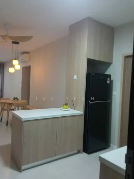 Kitchen features: white countertop, wood cabinetry, black fridge, pendant lighting, ceiling fan, open shelving, bar stools, neutral wall colour, tile flooring; style: modern.