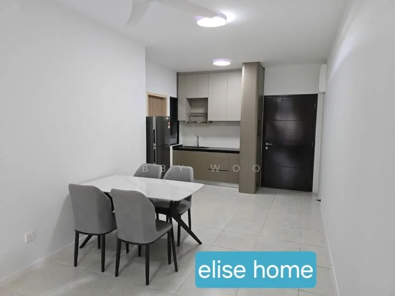 Kitchen features: white painted walls, tile flooring, recessed downlights, 5-blade ceiling fan, grey cabinetry, black countertop, stainless-steel fridge, built-in oven, sink, kitchen island with dining table, 4 upholstered dining chairs; style: modern.