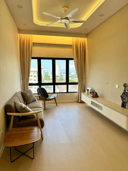 Living features: light wood flooring, cream painted walls, tray ceiling with recessed lighting, 5-blade ceiling fan with light, floor-to-ceiling windows, sheer curtains, sofa in beige fabric, wooden side table, TV console, decorative items on console; style: modern; view: city.