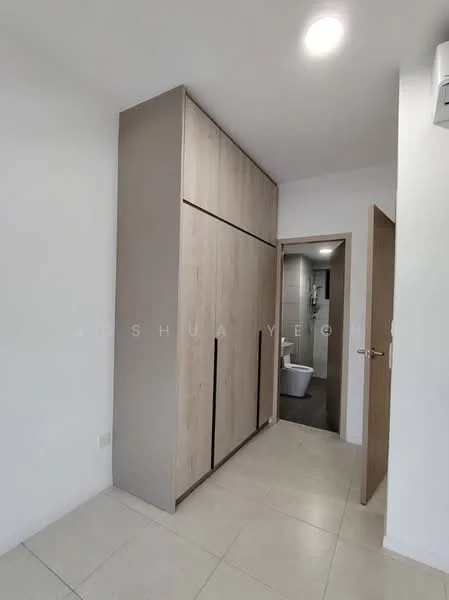 Room features: light-colored wall, white painted walls, built-in cabinetry with wood finish, floor tiles in light color, doorway leading to bathroom, recessed ceiling lights; style: modern.