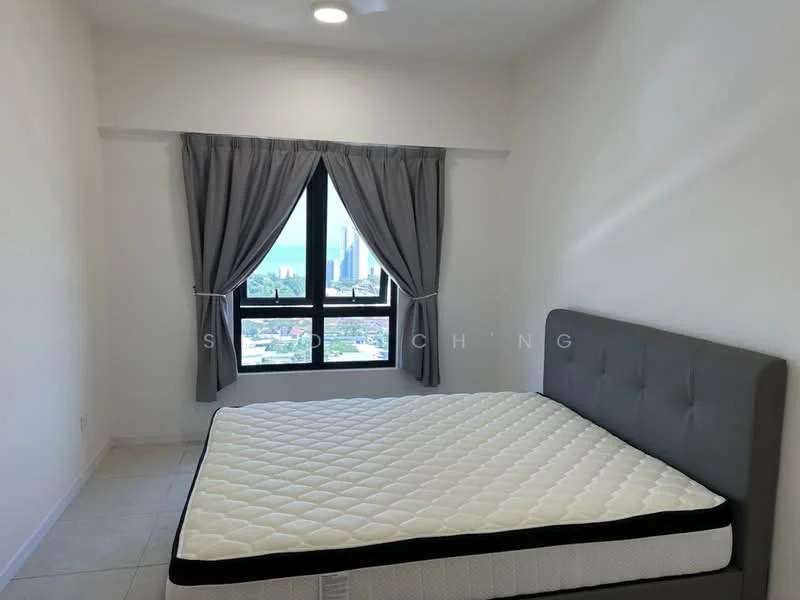 Bedroom features: grey upholstered headboard, queen-size bed, floor-to-ceiling window, grey curtains, white painted walls, tile flooring, recessed downlights, city view; style: modern; view: city.