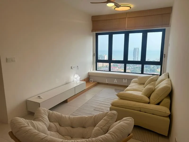 Living features: 3-seater leather sofa in cream, 2-seater fabric sofa in cream, coffee table, TV console, floor-to-ceiling windows, city view, light wood flooring, ceiling fan with light, sheer curtains; style: modern; view: city.
