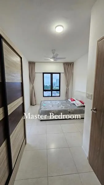 Bedroom features: queen-size bed, upholstered headboard, 2 bedside lamps, built-in wardrobe with sliding doors, floor-to-ceiling window, curtains, ceiling fan, tile flooring, neutral wall color; style: modern; view: city.