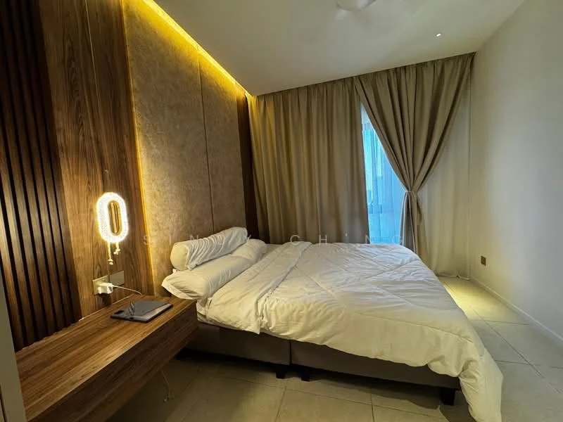 Bedroom features: queen-size bed with white bedding, wooden headboard, nightstand with lamp, wooden wall paneling, recessed LED lighting, floor-to-ceiling window, sheer curtains, tile flooring; style: modern.