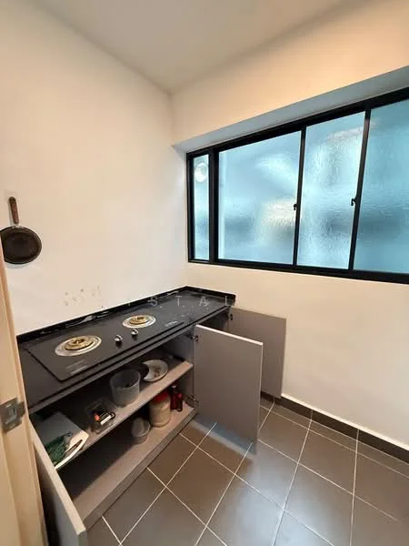 Kitchen features: black countertop, two-burner gas hob, grey cabinetry, open shelving, floor-to-ceiling window, grey tile flooring, sink, storage cabinet; style: modern.