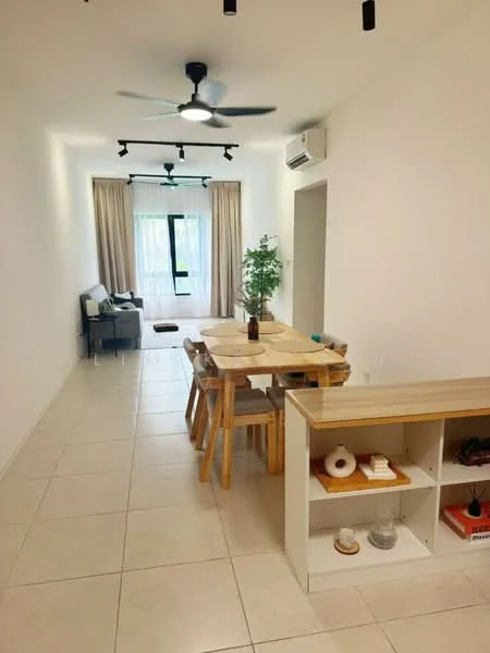 Dining features: rectangular wooden dining table, 4 wooden dining chairs, pendant light fixture, 5-blade ceiling fan with light, white painted walls, tile flooring, large window with sheer curtains, greenery in vase on table, open layout to living area, air conditioning unit on wall; style: modern; view: garden. Living features: sofa with cushions, coffee table, decorative plant, large window with sheer curtains, tile flooring; style: modern; view: garden.
