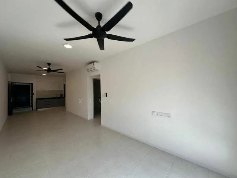 Living features: white painted walls, tile flooring, 2 ceiling fans, 1 wall-mounted split AC, recessed downlights, open layout to kitchen, large windows, neutral color scheme; style: modern. Kitchen features: kitchen cabinetry, countertop, open layout to living area; style: modern.