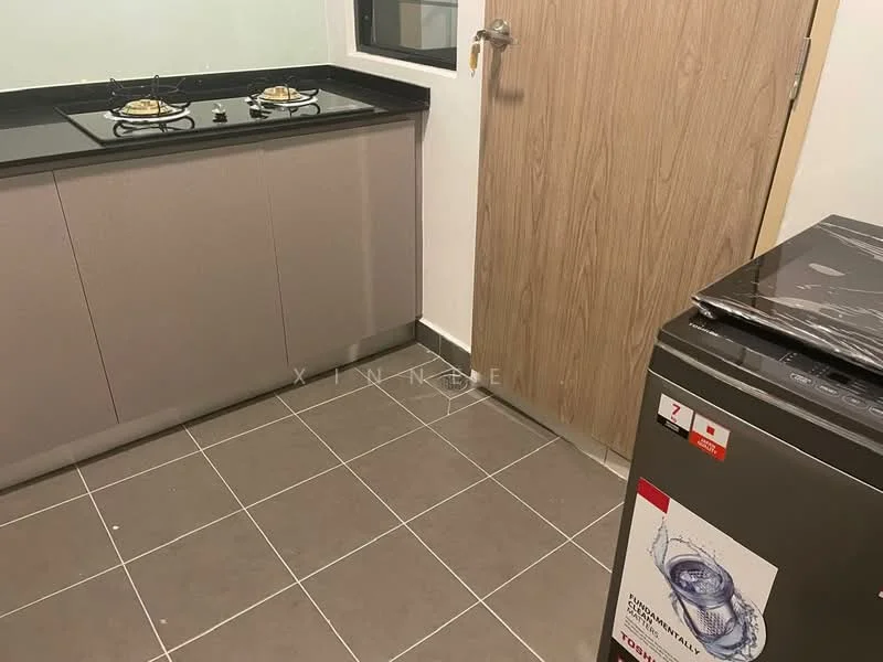Kitchen features: grey cabinetry, black countertop, two-burner gas hob, stainless-steel fridge, grey tile flooring, white walls, window, wooden door; style: modern.