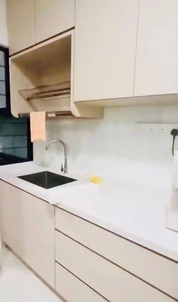 Kitchen features: single-bowl stainless-steel sink, chrome pull-down faucet, white quartz countertop, light beige cabinetry, open shelving above sink, built-in oven, stainless-steel appliances, tile backsplash, under-cabinet lighting, neutral wall colour, floor tiles, window with black frame; style: modern.