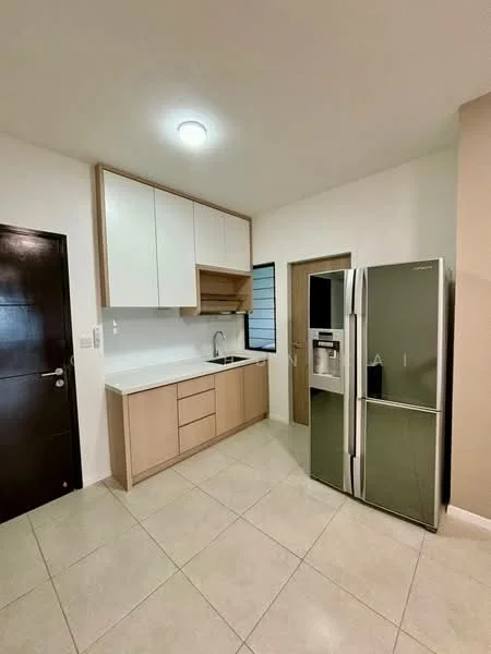 Kitchen features: white upper cabinets, light wood lower cabinets, white countertop, single-bowl stainless-steel sink, chrome pull-down faucet, stainless-steel side-by-side fridge, tile flooring, recessed ceiling light, window with horizontal slats, door leading to hallway; style: modern.