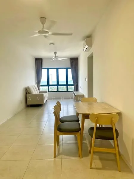 Dining features: 4-seater wooden dining table, wooden dining chairs with cushions, cream painted walls, light-colored tiled flooring, 2 ceiling fans, 1 wall-mounted split AC, large floor-to-ceiling windows, curtains, sofa in light fabric, view of the city; style: modern; view: city.