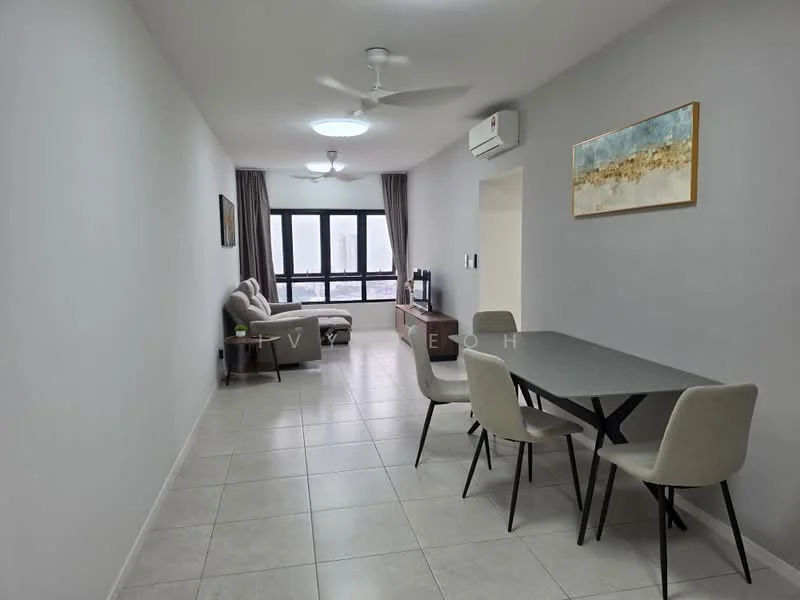 Living features: light grey painted walls, white ceiling, tile flooring, 5-blade ceiling fan with light, floor-to-ceiling windows, curtains, light-coloured fabric sofa, wooden TV console, wall-mounted TV, dining table with 4 chairs; style: modern; view: city.