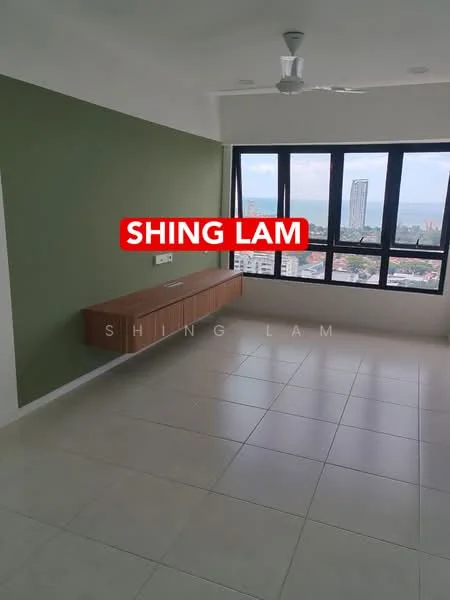 Living features: green accent wall, white painted walls, large floor-to-ceiling windows, tile flooring, ceiling fan, built-in wooden TV console, city view; style: modern; view: city.