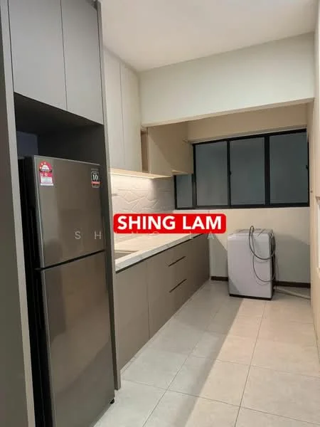 Kitchen features: grey cabinetry, white countertop, white tile backsplash, stainless-steel fridge, freestanding washing machine, single-bowl stainless-steel sink, chrome pull-down faucet, under-cabinet lighting, tile flooring, window with black frames; style: modern.