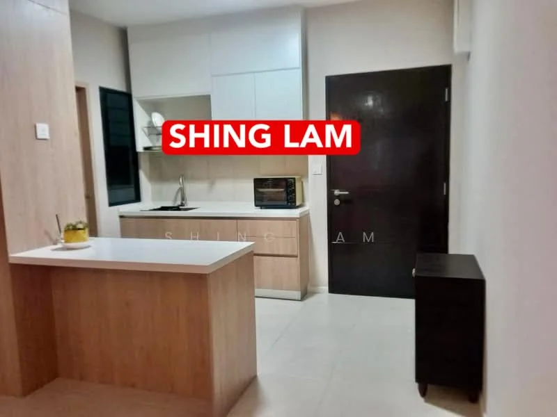 Kitchen features: white cabinetry, light wood cabinetry, black countertop, single-bowl stainless-steel sink, chrome pull-down faucet, built-in microwave, freestanding range oven, tile flooring, wall-mounted cabinet, open shelving, recessed lighting; style: modern.