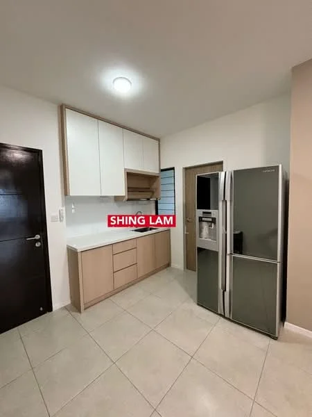 Kitchen features: white upper cabinets, beige lower cabinets, white countertop, stainless-steel fridge, built-in oven, single-bowl stainless-steel sink, chrome pull-down faucet, tile flooring, recessed ceiling light, wooden door, window with glass panes; style: modern.