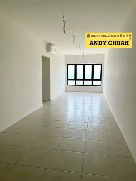 Room features: white painted walls, tile flooring, floor-to-ceiling windows, 1 wall-mounted split AC, ceiling lights, neutral color scheme; style: modern; view: city.