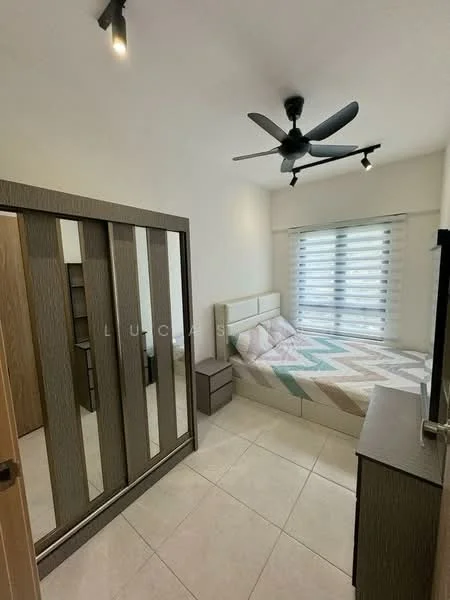 Bedroom features: queen-size bed, upholstered headboard, 2 bedside tables, ceiling fan with light, window with blinds, built-in wardrobe, decorative mirror, tile flooring, neutral wall color, geometric patterned bedspread; style: modern.
