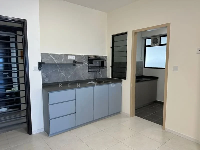 Kitchen features: grey cabinetry, black countertop, stainless-steel sink, single-bowl sink, chrome faucet, wall-mounted shelving, grey tile backsplash, ceramic tile flooring, window with sliding glass, open layout, light-colored walls, recessed lighting; style: modern. Laundry features: black countertop, light-colored walls, window, unknown flooring.