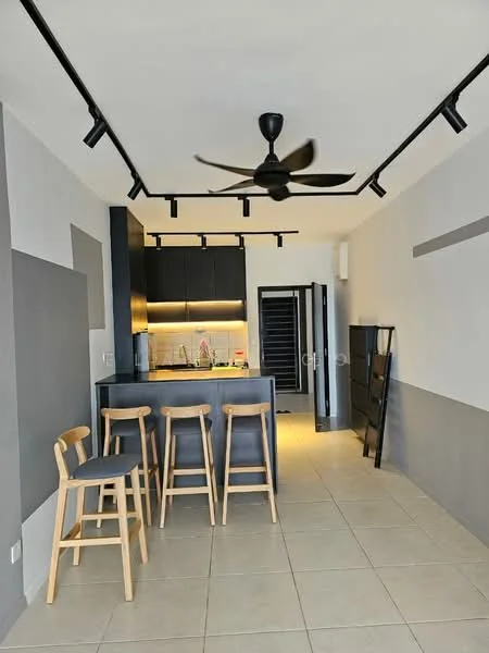 Kitchen features: grey painted walls, white painted walls, tile flooring, 5-blade ceiling fan with light, black cabinetry, stainless-steel sink, chrome pull-down faucet, kitchen island with seating, bar stools, recessed LED downlights, open shelving, built-in oven, microwave; style: modern.