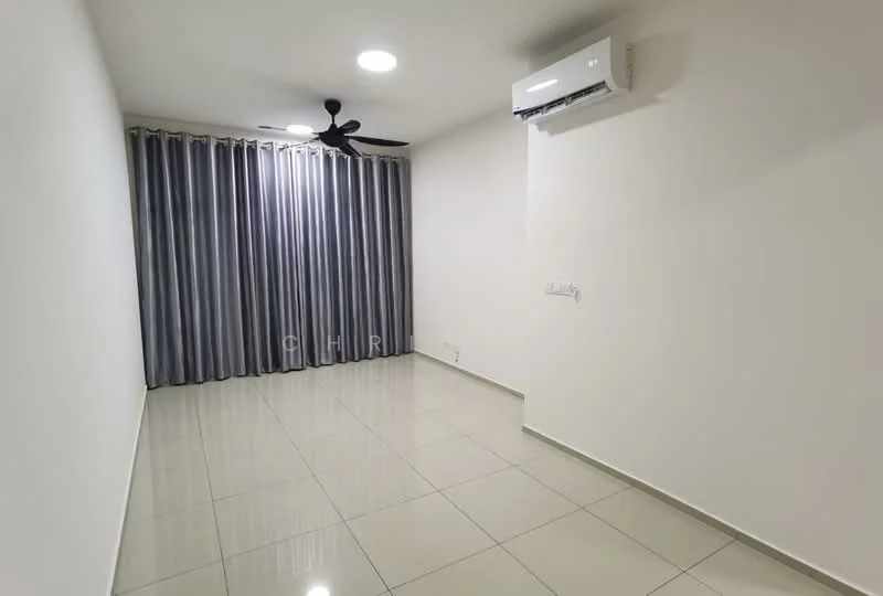 Room features: white painted walls, glossy tile flooring, 5-blade ceiling fan with light, wall-mounted split AC, floor-to-ceiling curtains in grey, recessed ceiling lights; style: modern.