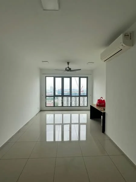 Living features: white painted walls, glossy ceramic tile flooring, 5-blade ceiling fan with light, floor-to-ceiling windows, sliding glass door, city view, air conditioning unit, black console table; style: modern; view: city.