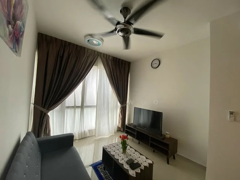 Living features: 3-seater fabric sofa in grey, coffee table, wall-mounted TV, TV console, 5-blade ceiling fan with light, floor-to-ceiling windows, sheer curtains, decorative wall clock, framed artwork, tile flooring, white painted walls; style: modern.